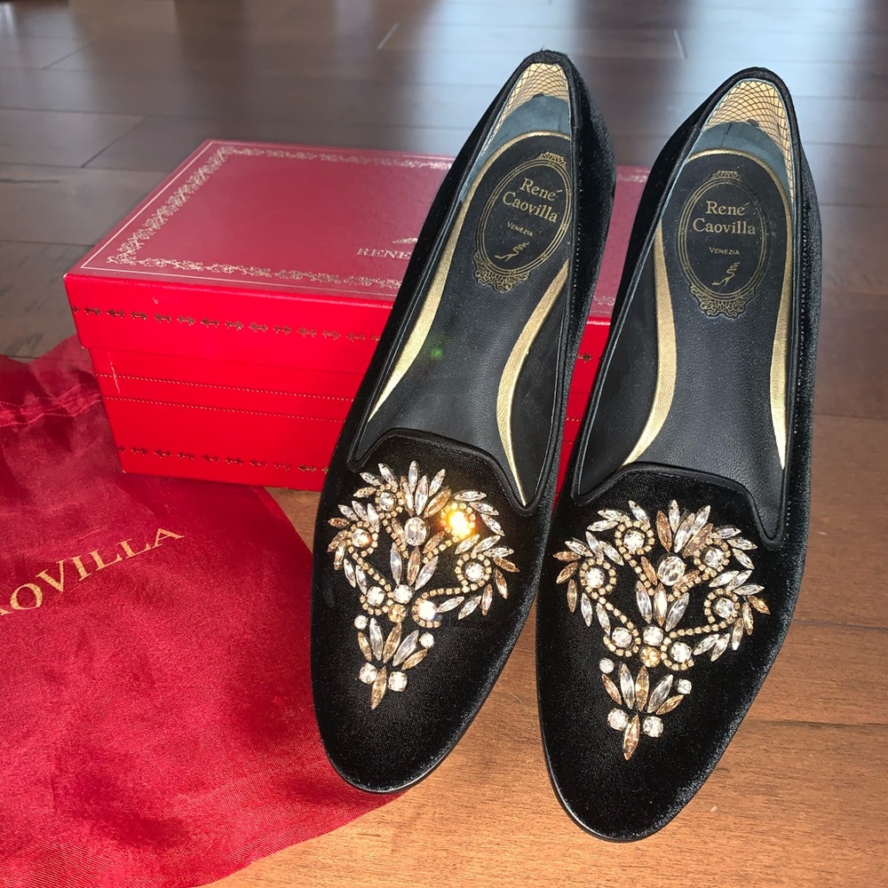 Rene Caovilla black velvet rhinestones flats